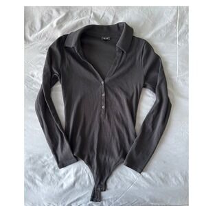 Express Bodysuit Womens Small Black Excellent Ribbed Henley Polo Long Sleeve